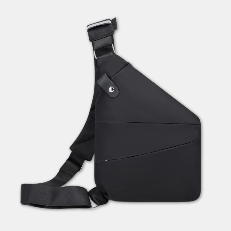 Schwarze Umhängetasche, modernes Design, verstellbarer Gurt, ideal für Reisen und Alltag.