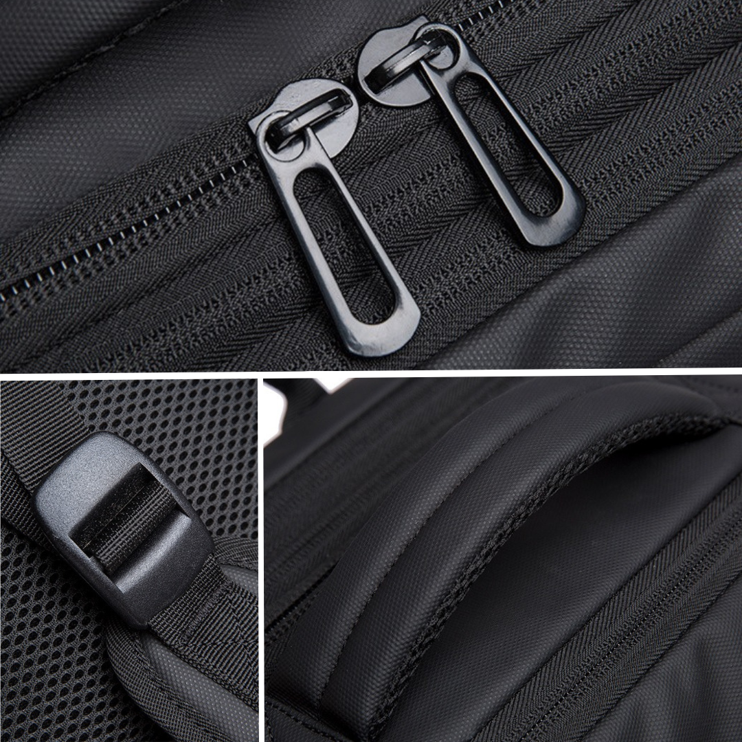 Schwarzer Rucksack, Reißverschlüsse, strapazierfähiges Material, Outdoor, Reisen, Unisex.