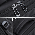 Schwarzer Rucksack, Reißverschlüsse, strapazierfähiges Material, Outdoor, Reisen, Unisex.