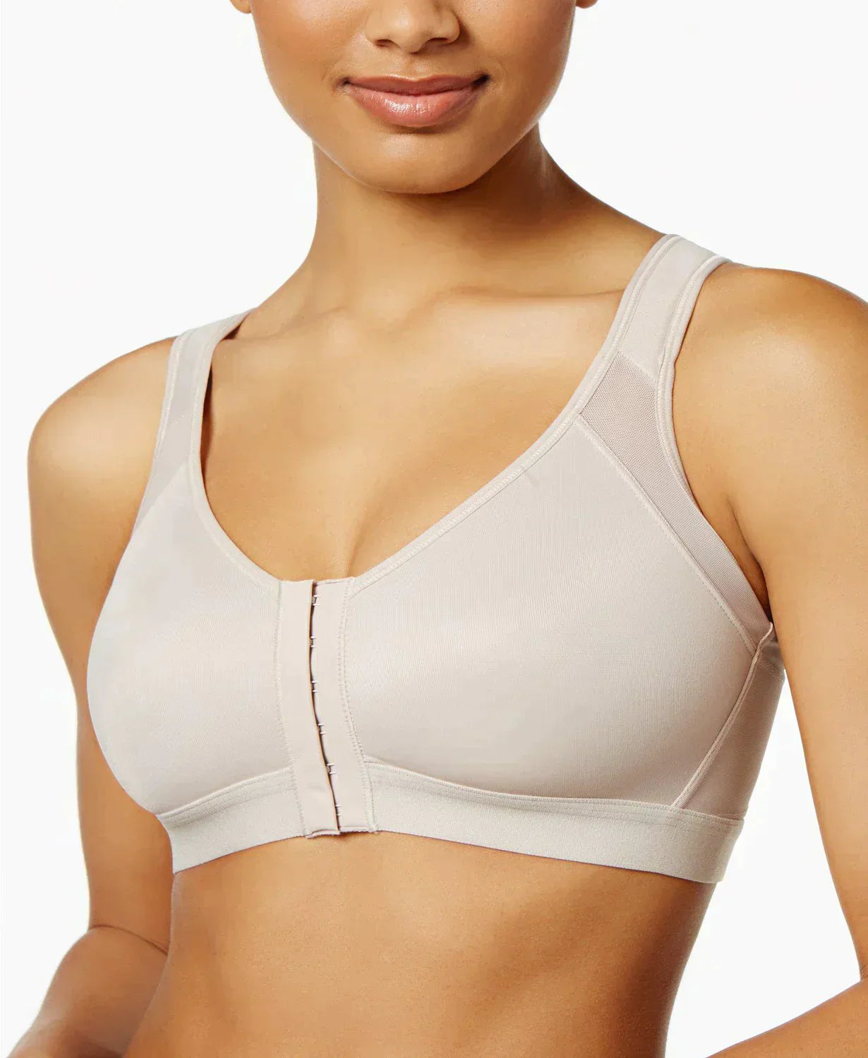 Damen-BH in Beige, nahtlos, Vorderverschluss, bequem, stützend, ideal für Alltag und Sport.