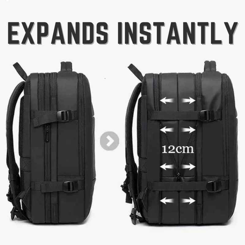 Schwarzer erweiterbarer Rucksack, 12cm Erweiterung, strapazierfähiges Material, Reiserucksack.