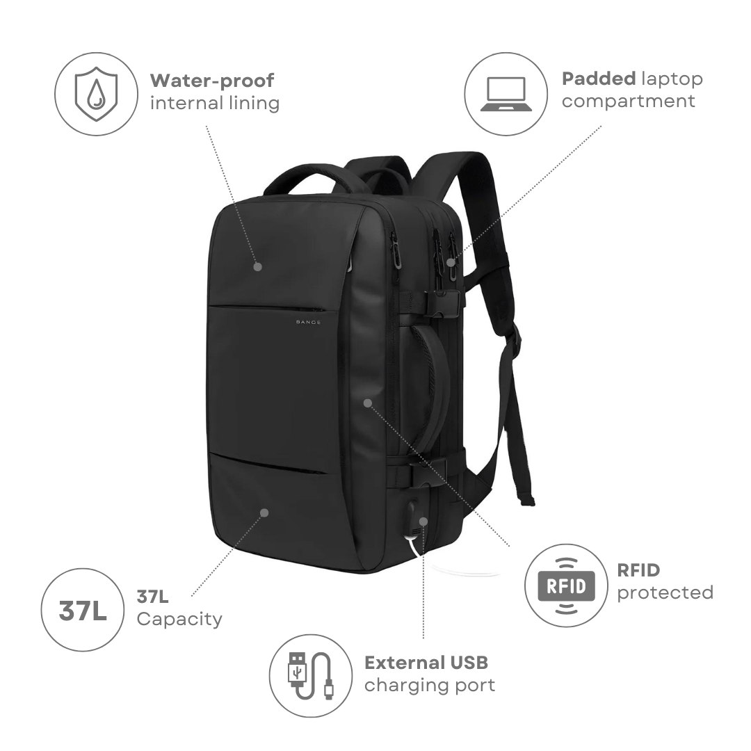 Schwarzer Bange Rucksack, 37L, wasserdicht, USB-Ladeanschluss, RFID-Schutz, Laptopfach.