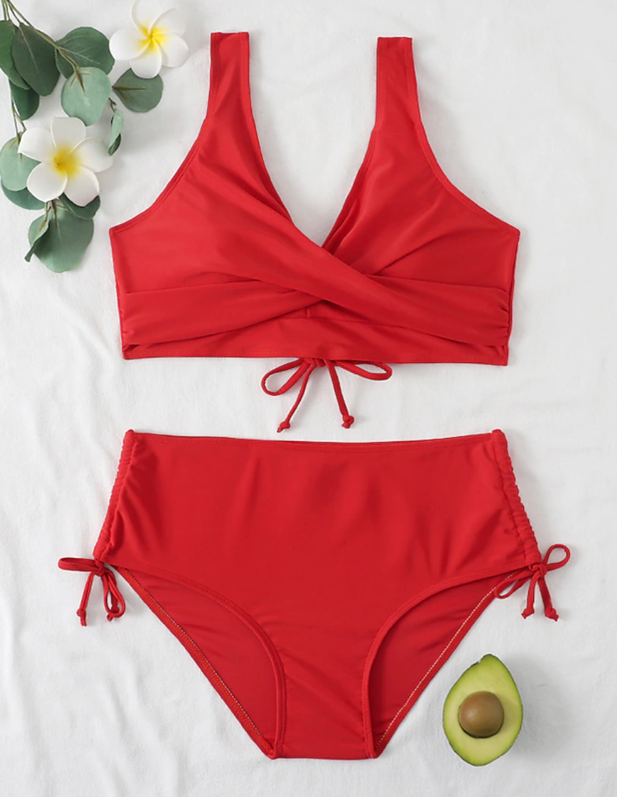 Roter Bikini-Set Damen, High-Waist, Sommermode, Strandbekleidung, Blumen, Avocado-Dekor.