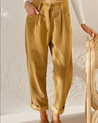Damen Cordhose beige, hoch tailliert, lässig, Herbstmode, bequem, stilvoll, Freizeitkleidung.