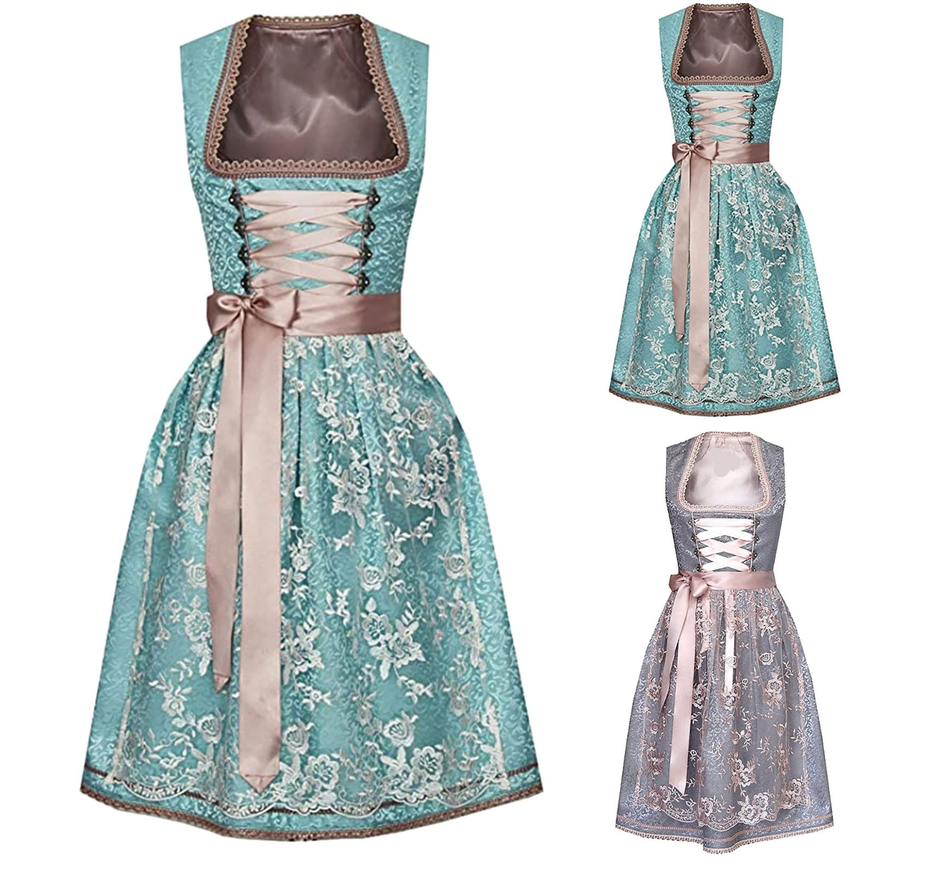 Elegantes Damen-Dirndl in Türkis mit Spitzenmuster und rosa Schleife. Perfekt für Oktoberfest, Trachtenmode, traditionelle bayerische Kleidung.