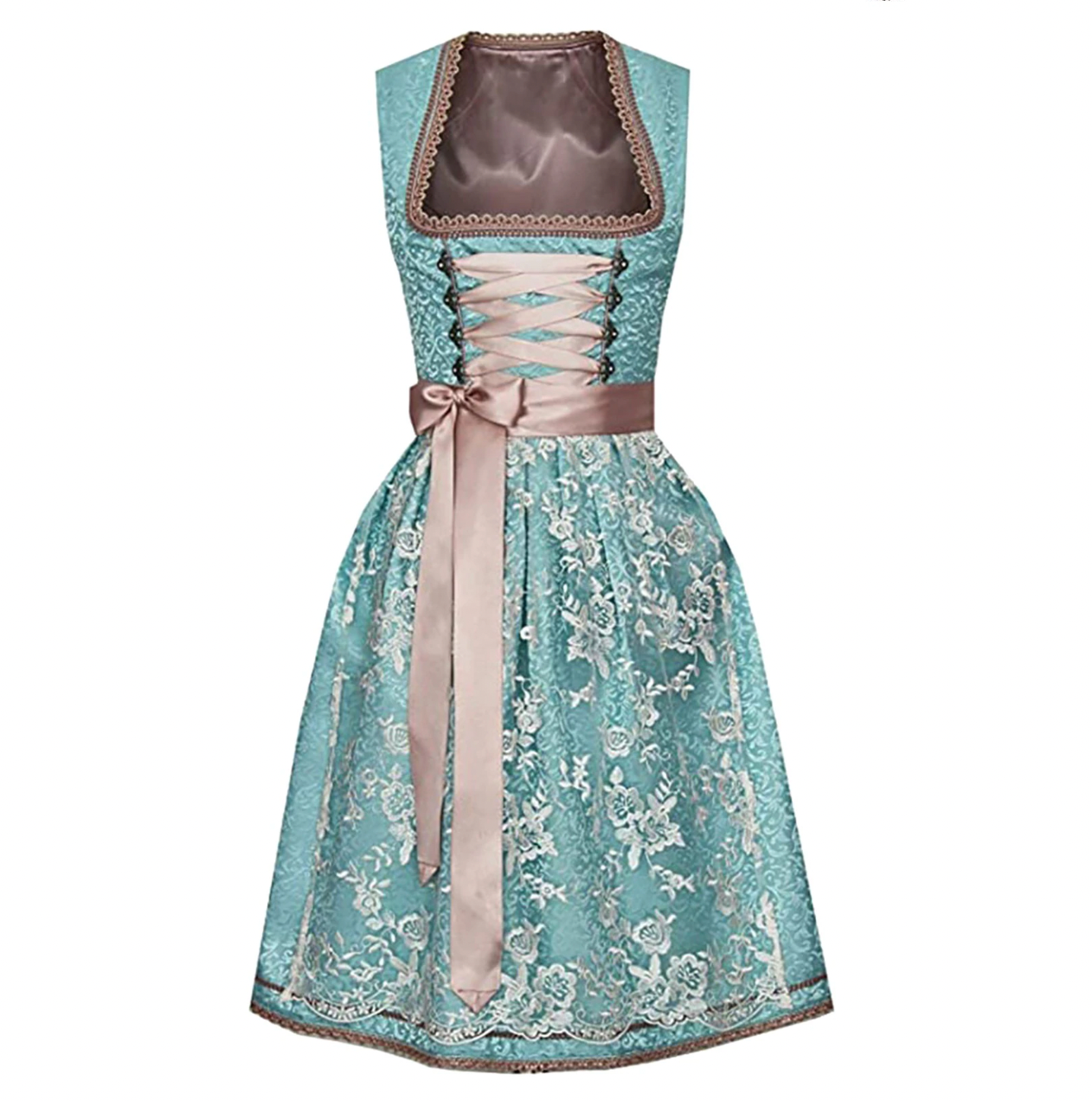 Elegantes Damen-Dirndl in Türkis mit Spitzenmuster und Schnürung, ideal für Oktoberfest und traditionelle Feste. Hochwertige Trachtenmode.