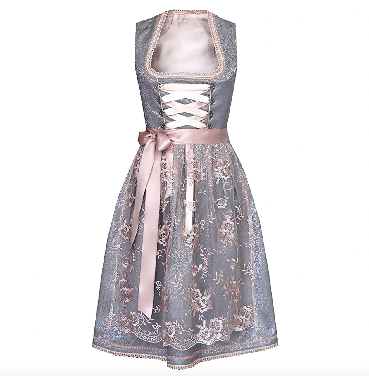 Graues Dirndl mit rosa Spitze und Schleife, traditionelles bayerisches Kleid, ideal für Oktoberfest, Trachtenmode, elegante Damenbekleidung.