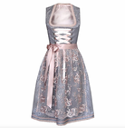 Graues Dirndl mit rosa Spitze und Schleife, traditionelles bayerisches Kleid, ideal für Oktoberfest, Trachtenmode, elegante Damenbekleidung.