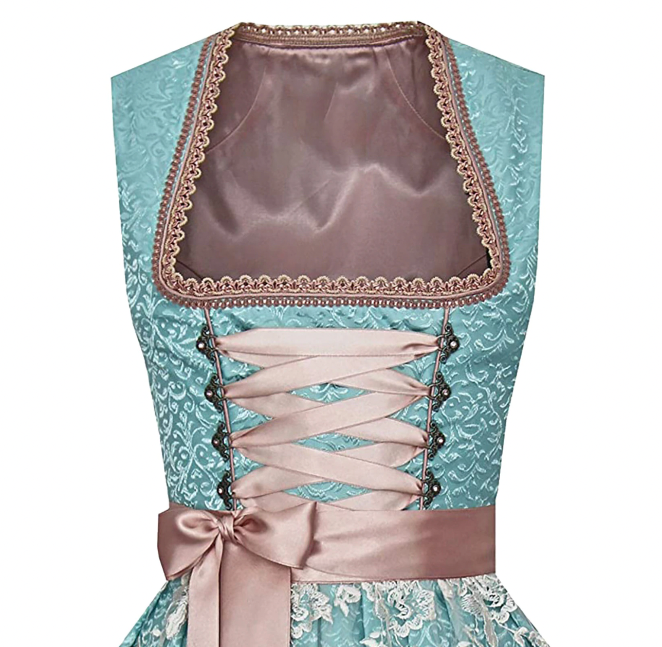 Elegantes blaues Dirndl mit Schnürung und Spitzenbesatz, ideal für Oktoberfest. Traditionelle Trachtenmode, hochwertig verarbeitet.