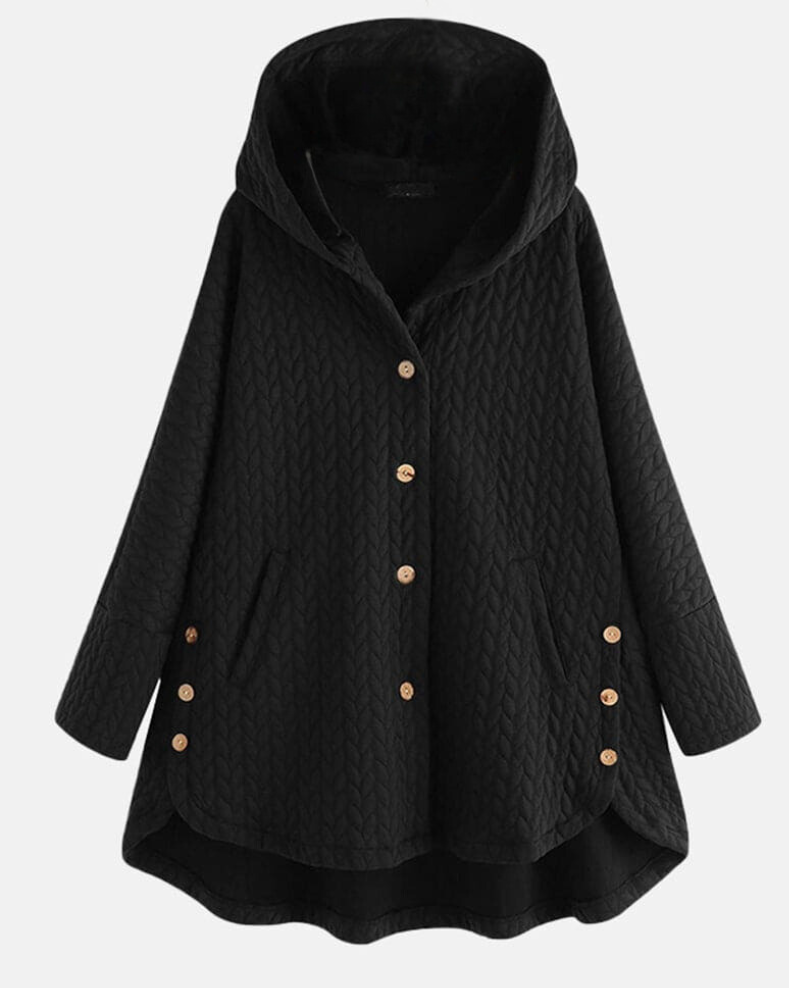 Schwarzer Damenmantel mit Kapuze, Knopfleiste und Taschen. Stilvoller, warmer Wintermantel, ideal für kalte Tage. Modetrend, Damenbekleidung.