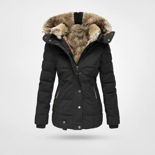 Schwarze Damen-Winterjacke mit Kunstfellkapuze, warm gefüttert, ideal für kalte Tage. Modisch, funktional, hochwertig verarbeitet.
