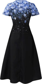 Blau-schwarzes Damenkleid mit Blumenmuster, kurzärmelig, elegantes Design.
