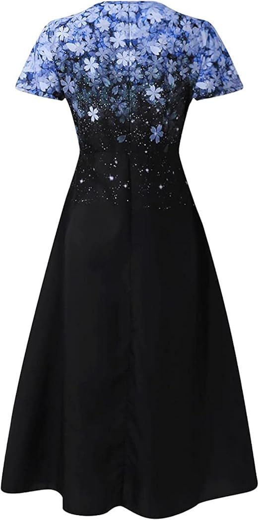Blau-schwarzes Damenkleid mit Blumenmuster, kurzärmelig, elegantes Design.