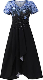 Blau-schwarzes Damenkleid mit Blumenmuster, V-Ausschnitt, kurzärmelig, elegantes Design.