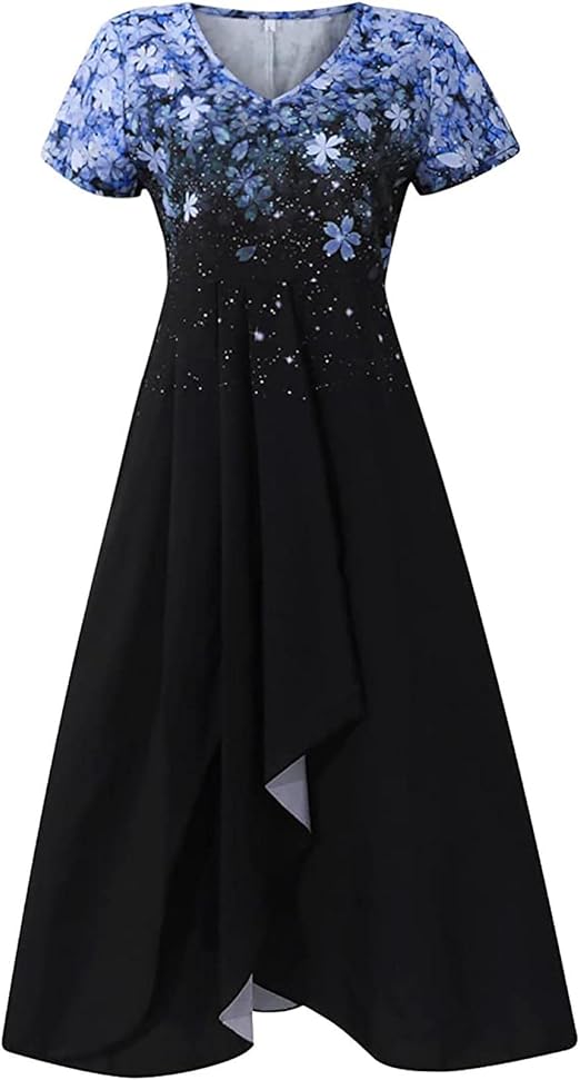 Blau-schwarzes Damenkleid mit Blumenmuster, V-Ausschnitt, kurzärmelig, elegantes Design.