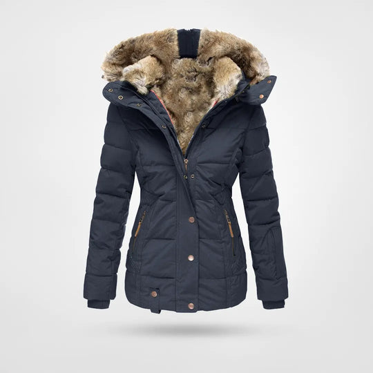 Damen Winterjacke mit Kapuze, dunkelblau, gefüttert mit Kunstfell. Stilvoll, warm, ideal für kalte Tage. Perfekt für Wintermode und Outdoor-Aktivitäten.