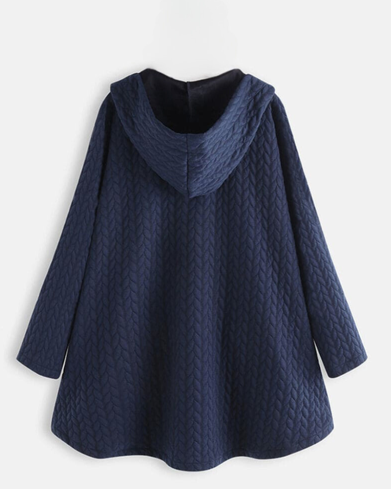 Dunkelblauer Damenmantel mit Kapuze, gesteppter Stoff, modisch und warm, ideal für Herbst und Winter. Eleganter Look, vielseitig kombinierbar.