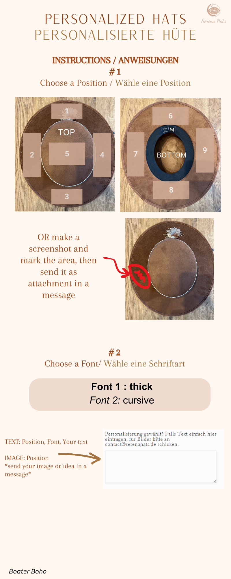 Personalisierter Boater-Hut mit Anleitung zur individuellen Gestaltung. Wählen Sie Position und Schriftart. Perfekt für maßgeschneiderte Modeaccessoires.