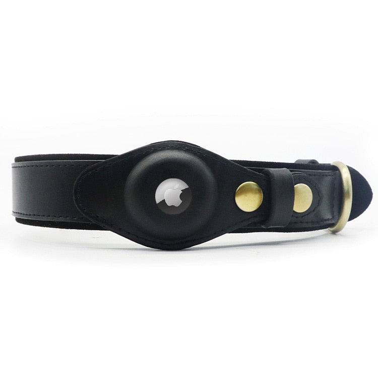 Schwarzes Hundehalsband mit integriertem Apple AirTag-Halter, ideal für Haustier-Tracking. Hochwertiges Leder, stilvoll und funktional.