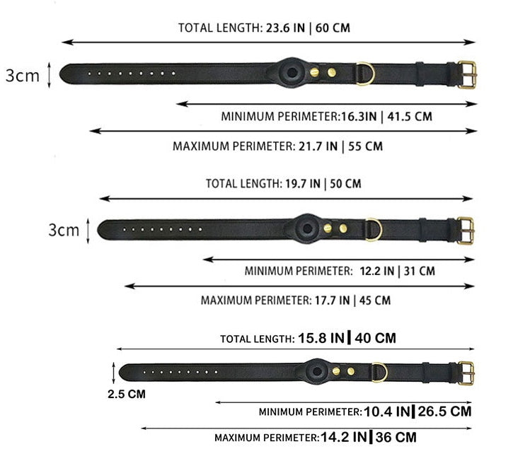 Hundehalsband mit AirTag-Halterung, verstellbar, in drei Größen: 60 cm, 50 cm, 40 cm. Ideal für Hunde, robustes Design, einfache Anpassung.