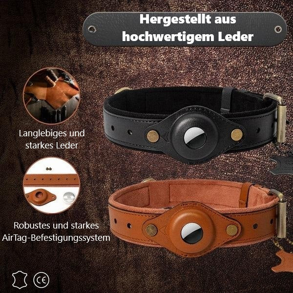 Hochwertiges Hundehalsband aus Leder mit AirTag-Halterung, langlebig und robust, ideal für Haustierortung und Sicherheit.