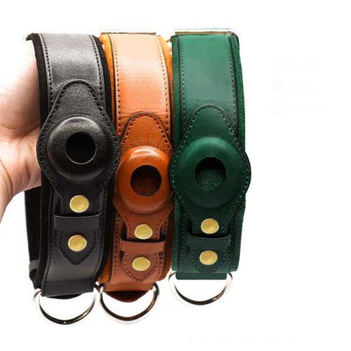 Hochwertiges Hundehalsband mit AirTag-Halterung, erhältlich in Schwarz, Braun und Grün. Robustes Leder, ideal für Hunde-Tracking.