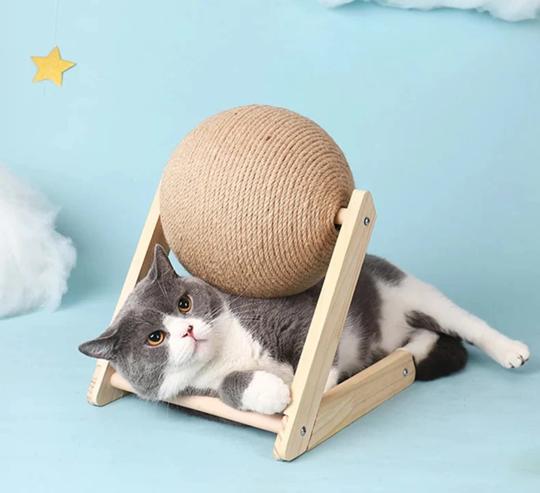 Katzen-Spielzeug Kratzbaum, Holz, Sisal, langlebig, Möbel schonend, für Nagelpflege, grau-weiß Katze.
