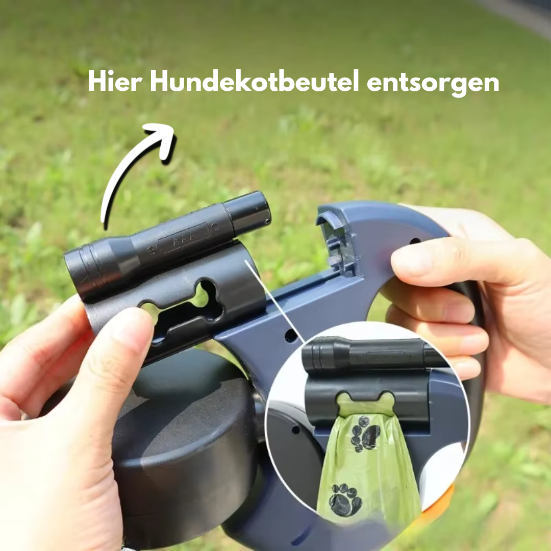 Hundeleine für zwei Hunde mit integriertem Kotbeutelspender, ergonomischem Griff und robustem Design. Perfekt für Spaziergänge mit mehreren Hunden.