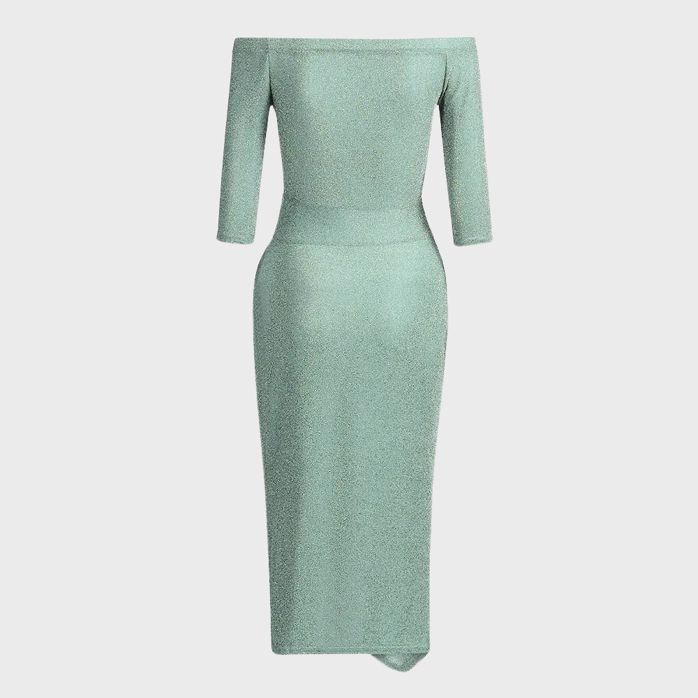 Elegantes, schulterfreies, mintgrünes Kleid mit Dreiviertelärmeln und figurbetontem Schnitt. Perfekt für Abendmode und besondere Anlässe.