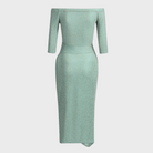 Elegantes, schulterfreies, mintgrünes Kleid mit Dreiviertelärmeln und figurbetontem Schnitt. Perfekt für Abendmode und besondere Anlässe.