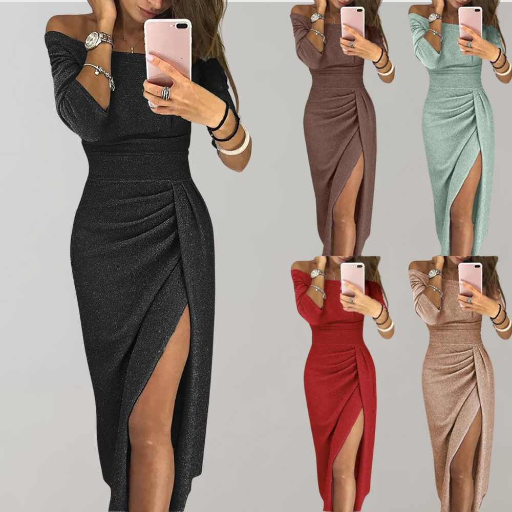 Elegantes Damenkleid mit Off-Shoulder-Design und hohem Schlitz, erhältlich in Schwarz, Braun, Mint, Rot und Beige. Perfekt für Abendmode.