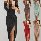Elegantes Damenkleid mit Off-Shoulder-Design und hohem Schlitz, erhältlich in Schwarz, Braun, Mint, Rot und Beige. Perfekt für Abendmode.