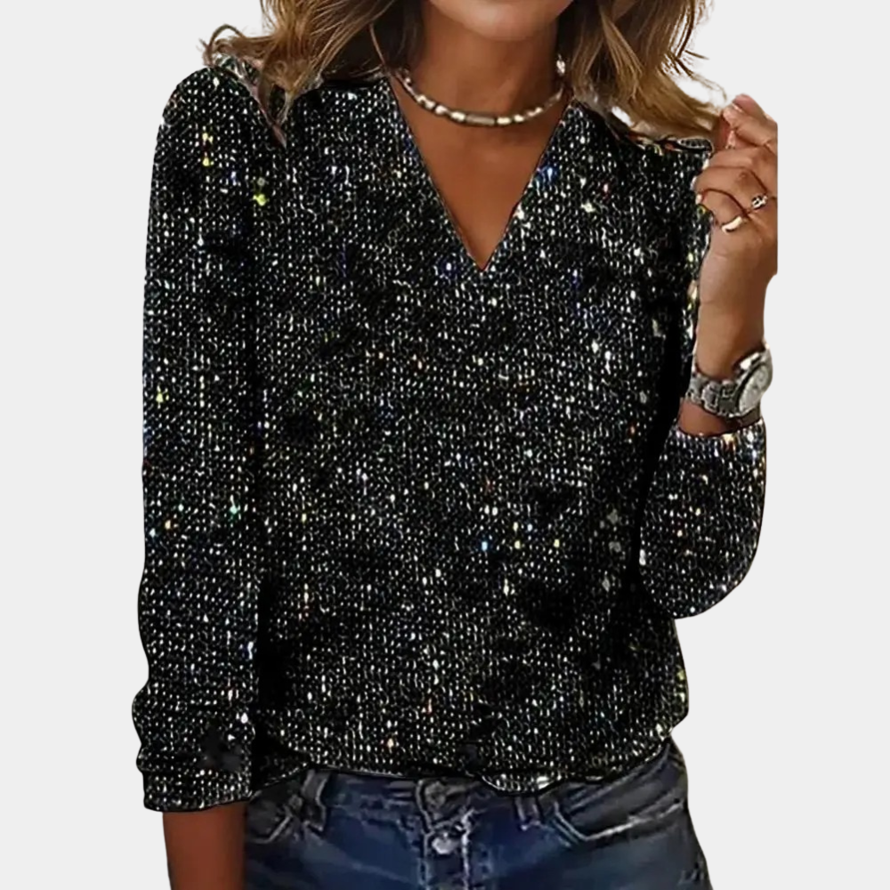 Schwarze Paillettenbluse mit V-Ausschnitt, langärmlig, ideal für elegante Abendmode. Glitzerndes Design, perfekt für Partys und festliche Anlässe.