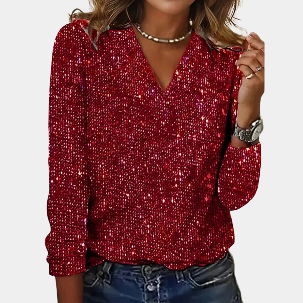 Funkelndes rotes Pailletten-Top für Damen, ideal für Partys. Elegantes Design mit V-Ausschnitt und langen Ärmeln. Perfekt für festliche Anlässe.