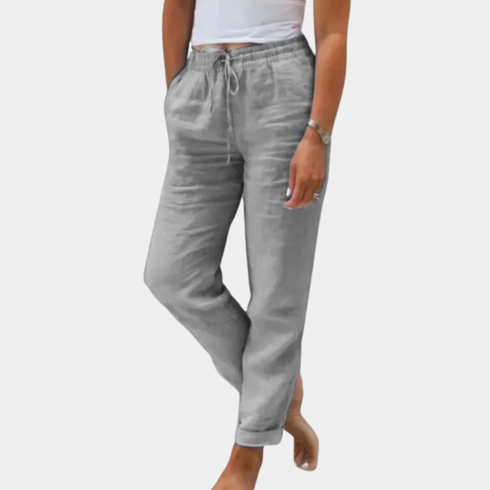 Graue Damen-Leinenhose, lässig, elastischer Bund, Kordelzug, Sommermode, bequem.