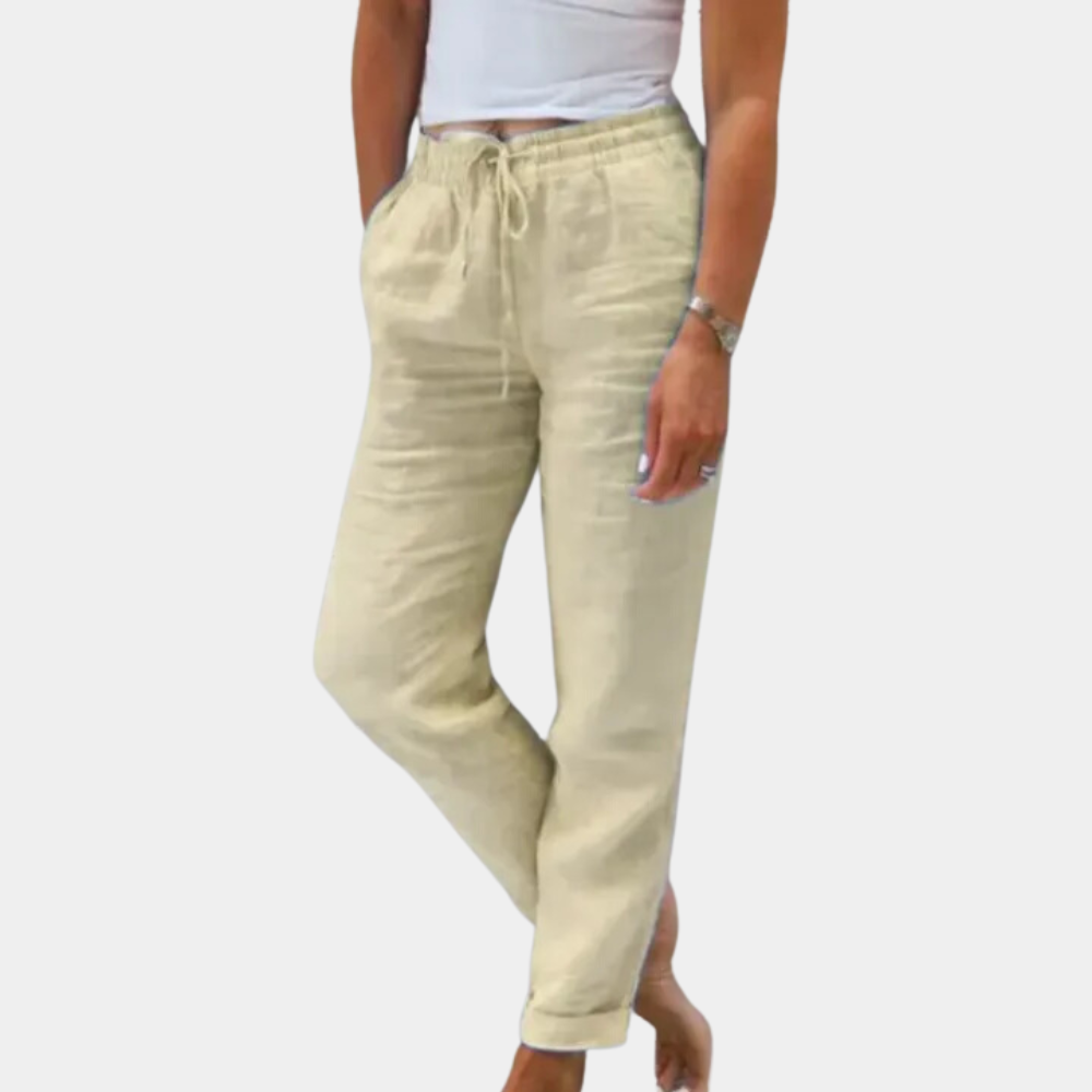 Damenhose Khaki Leinen, lässig, elastischer Bund, Taschen, Sommermode, bequem.