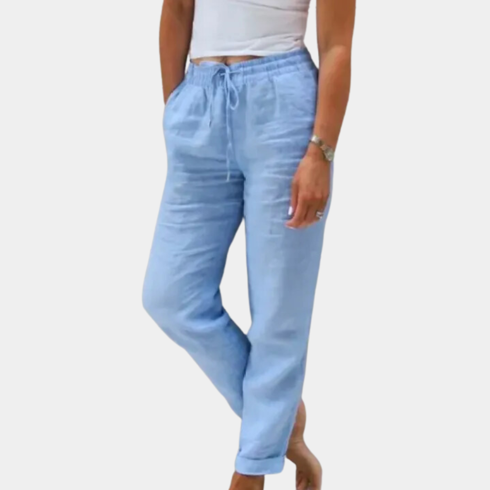 Damen Leinenhose hellblau, lässig, elastischer Bund, Sommermode, bequem, atmungsaktiv.