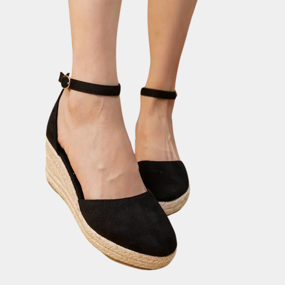 Schwarze Espadrille-Wedges mit Knöchelriemen, Damen-Sommerschuhe, bequeme Plateau-Sandalen, modische Freizeitschuhe für den Alltag.