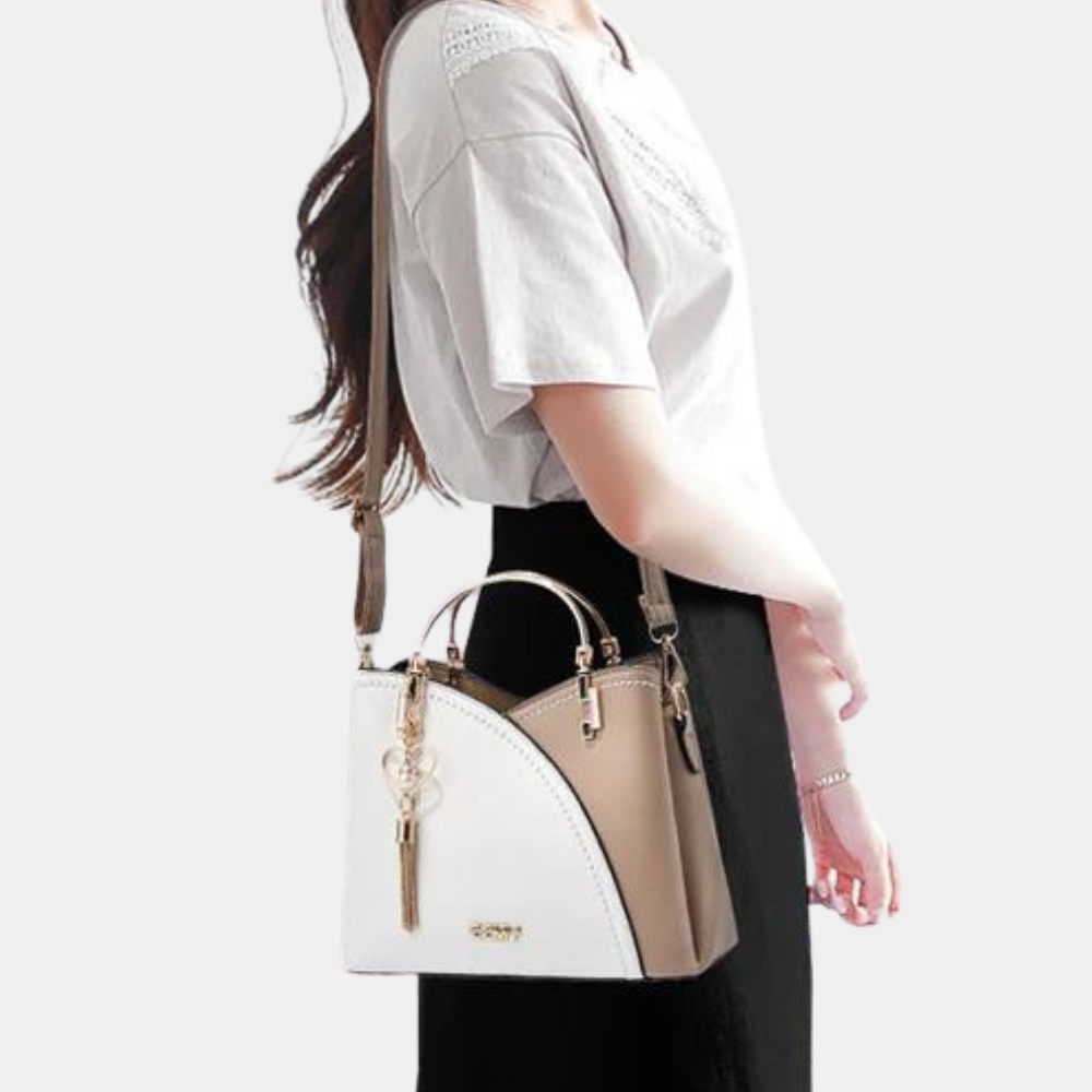 Damenhandtasche in Khaki und Weiß, elegantes Design, verstellbarer Schulterriemen, ideal für Alltag und Büro. Hochwertige Modeaccessoires.