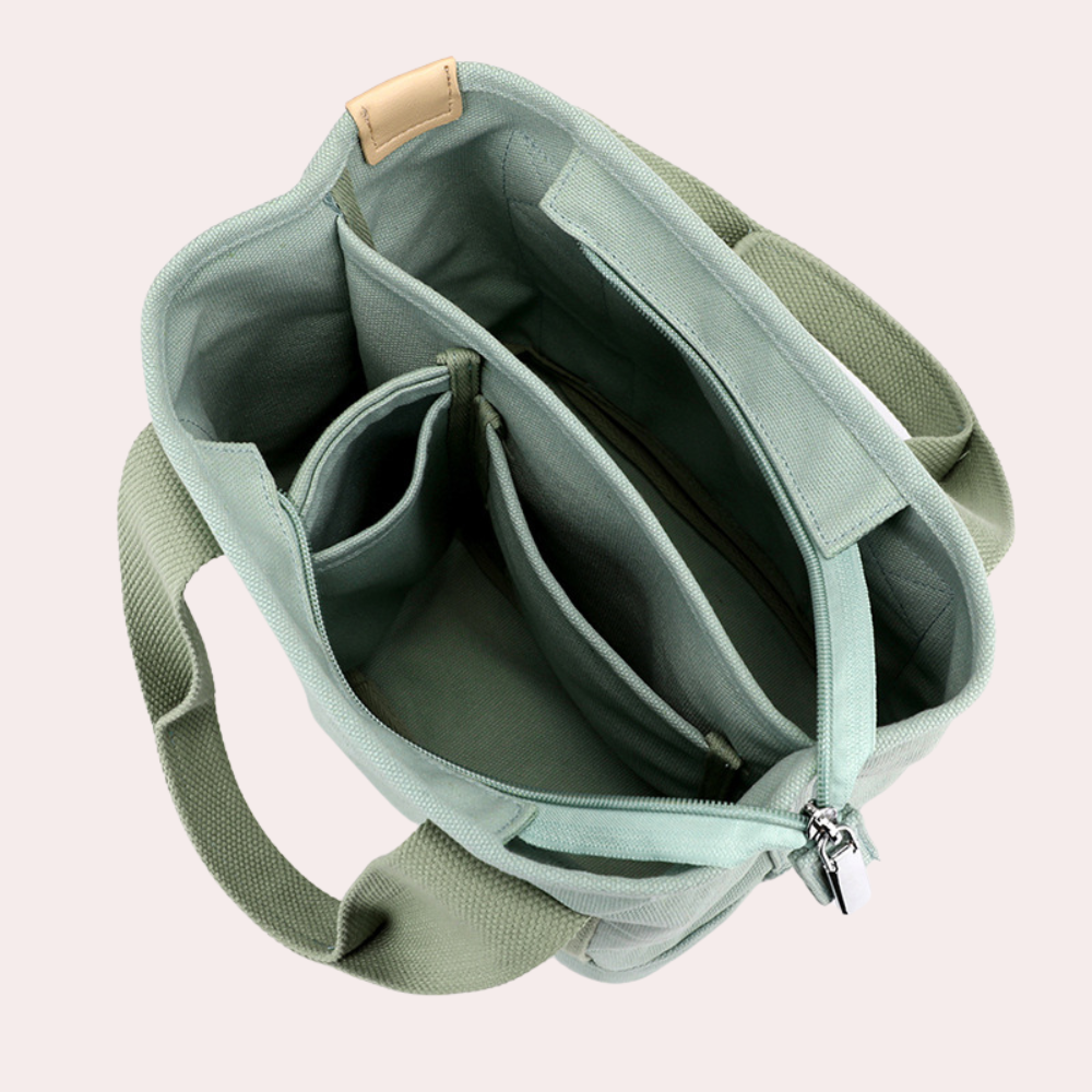 Grüne Umhängetasche aus Segeltuch mit mehreren Fächern und Reißverschluss, ideal für Damen. Stilvolle, praktische Handtasche für den Alltag.