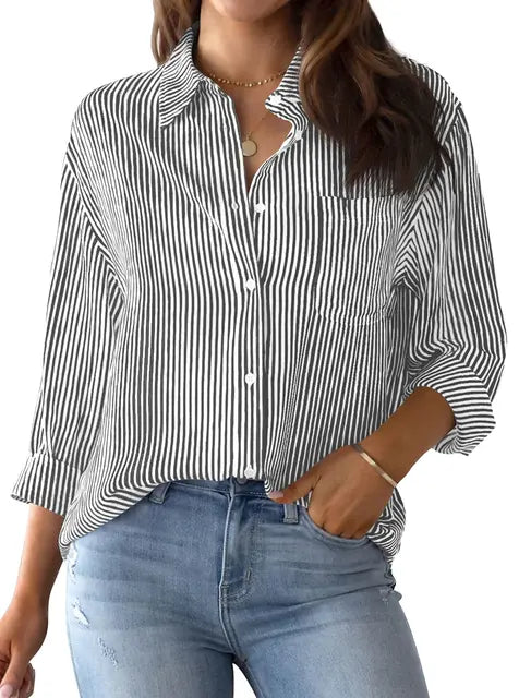 Gestreifte Damenbluse mit langen Ärmeln, Knopfleiste und klassischem Kragen. Perfekt für Casual-Looks. Hochwertige Baumwollmischung.
