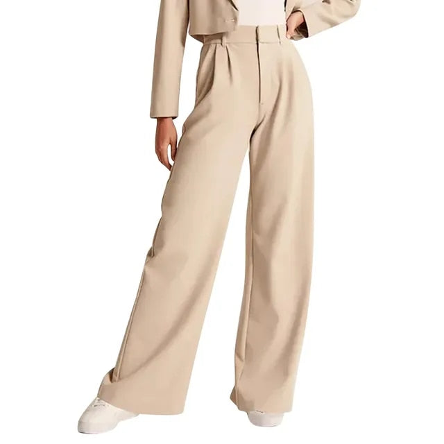 Damen-Cargohose, Sommer, weites Bein, hohe Taille, maßgeschneidert, Knopfverschluss, beige. Perfekt für stilvolle und bequeme Outfits.