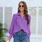 Elegante Damen-Chiffonbluse in Lila, langärmlig, mit Falten, ideal für Frühling und Herbst. Perfekt für stilvolle, moderne Outfits.