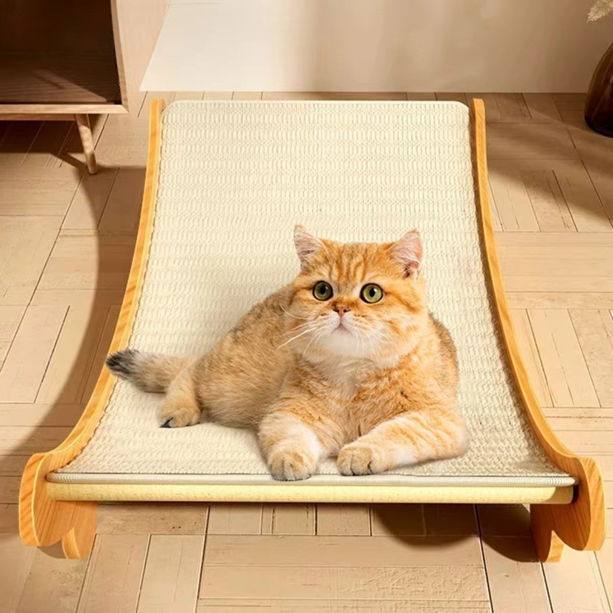 Katzen-Kratzbrett aus Holz, beige, mit liegender Katze, ideal für Krallenpflege und Entspannung.
