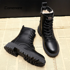 Schwarze Lederstiefel mit Plüschfutter, warm, britischer Stil, Plattformsohle, ideal für Wintermode und Komfort.