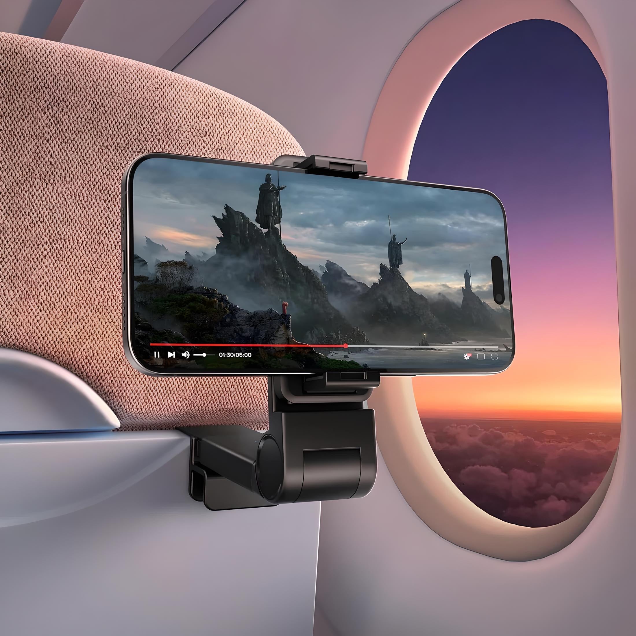 Smartphone-Halterung Flugzeug, schwarz, verstellbar, für komfortables Video-Streaming während des Flugs.