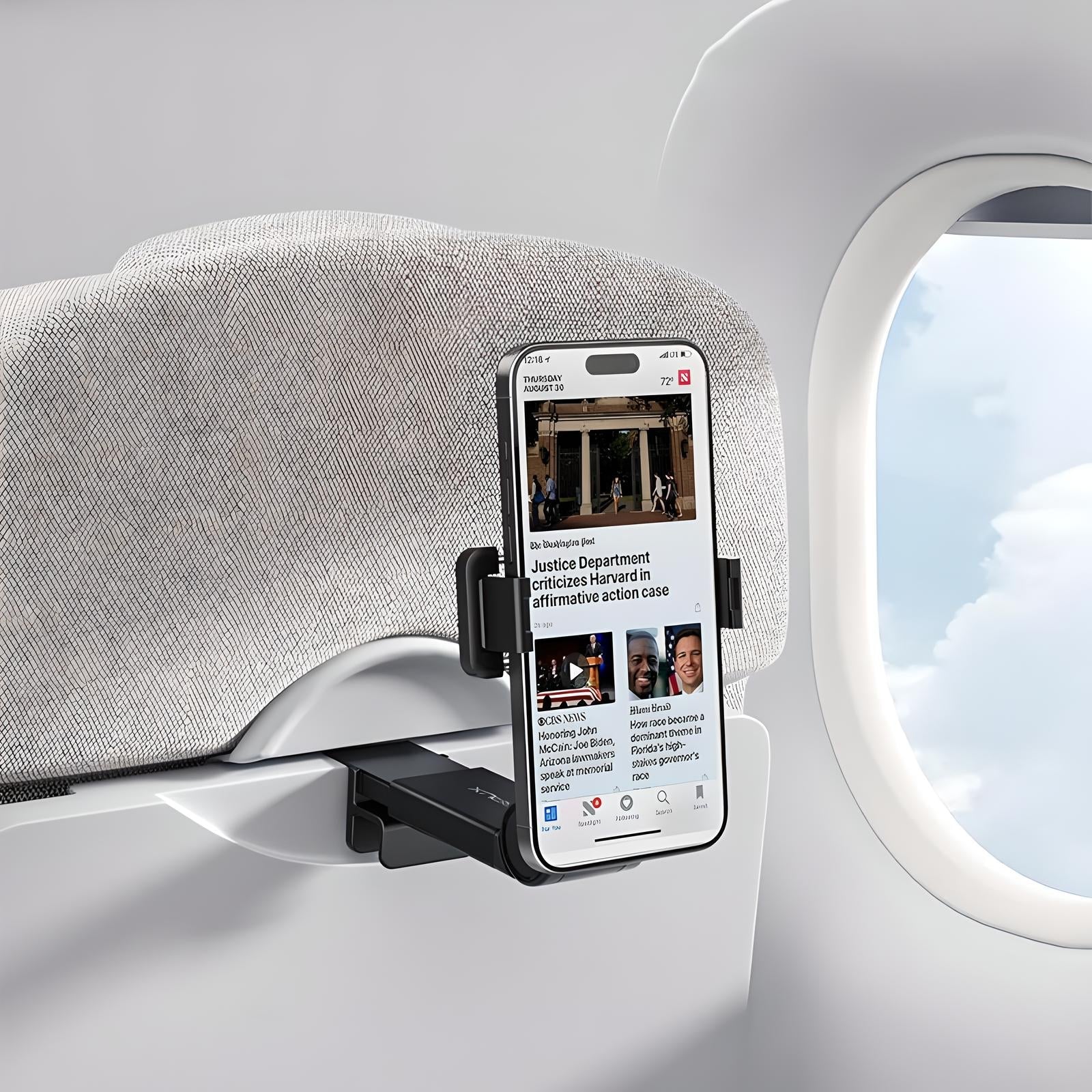 Smartphone-Halterung Flugzeug, schwarz, am Sitz montiert, für komfortables Reisen.