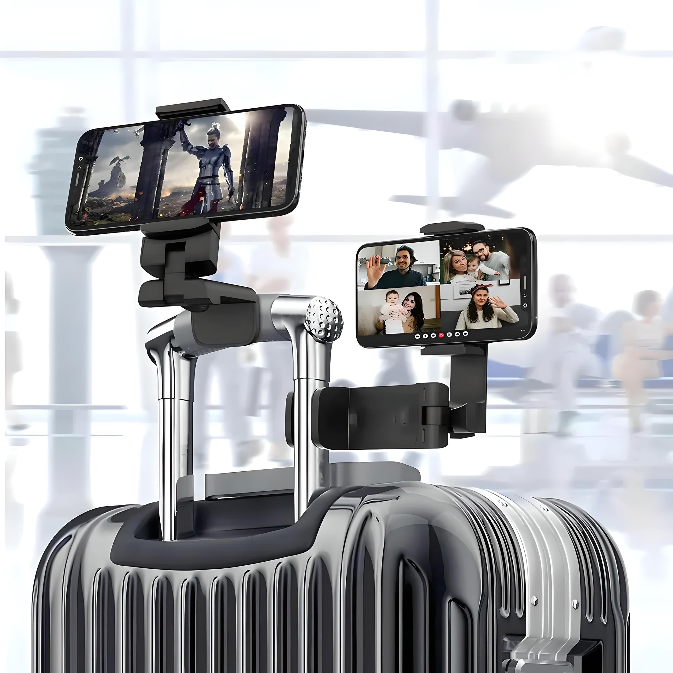 Smartphone-Halterung auf silbernem Koffer, ideal für Reisen, robustes Design, verstellbar.