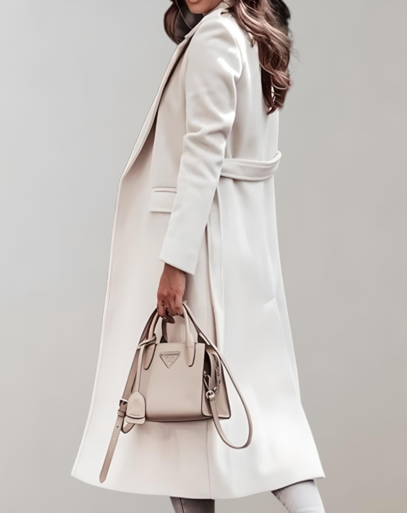 Eleganter weißer Damenmantel aus Wolle, kombiniert mit einer stilvollen, beigen Handtasche. Perfekt für modische Herbst- und Winteroutfits.