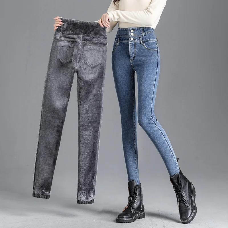 Damenjeans mit hoher Taille, elastisch, in Blau und Grau. Perfekt für Herbstmode, bequem und stilvoll. Ideal für Freizeit und Alltag.